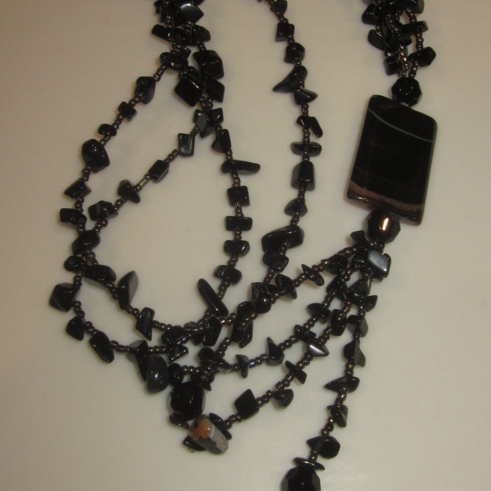 Long Black Obsidian or Glass Beaded Necklace - Picture 2 of 7